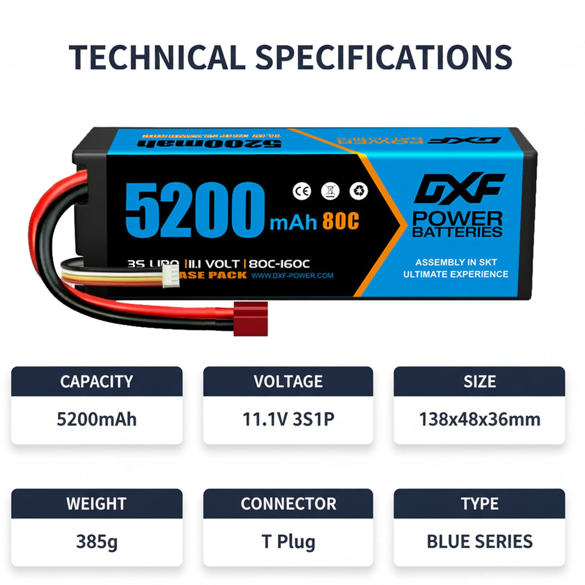DXF BLUE Series 3S 11.1V 5200mAh 80C Hardcase LiPo with Deans/T-Plug & 10AWG Wire for Toy Cars, Boats, Aircraft & FPV Drones (1-6 Pack)