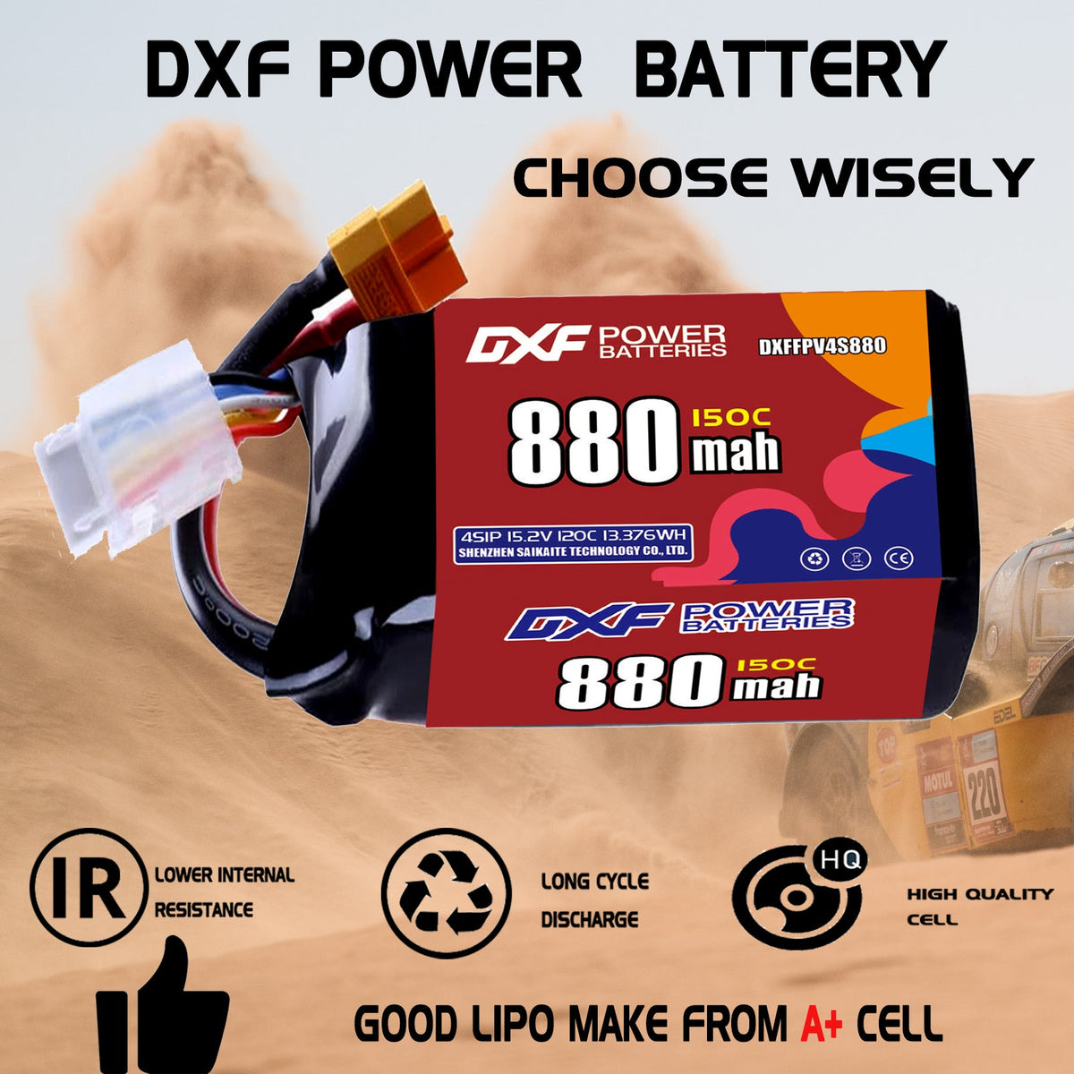 DXF 4S 15.2V 880mAh 150C LiPo Battery for FPV Micro Drones (PH2.0 / JST / XT30 / SM / XT60 / EC5 / XT90 Options)