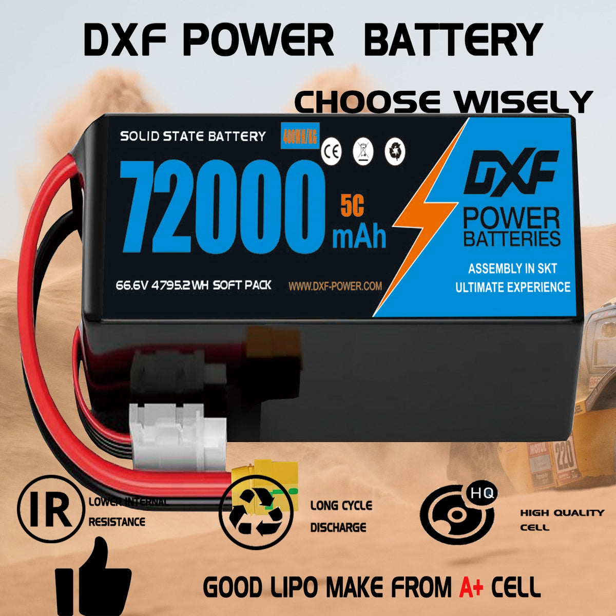 DXF SEMI-SOLID 18S 66.6V 72000mAh 5C Soft Case LiPo Battery with 8AWG Wire for Toy Cars, Boats, UAVs & Drones (1-6 Pack)
