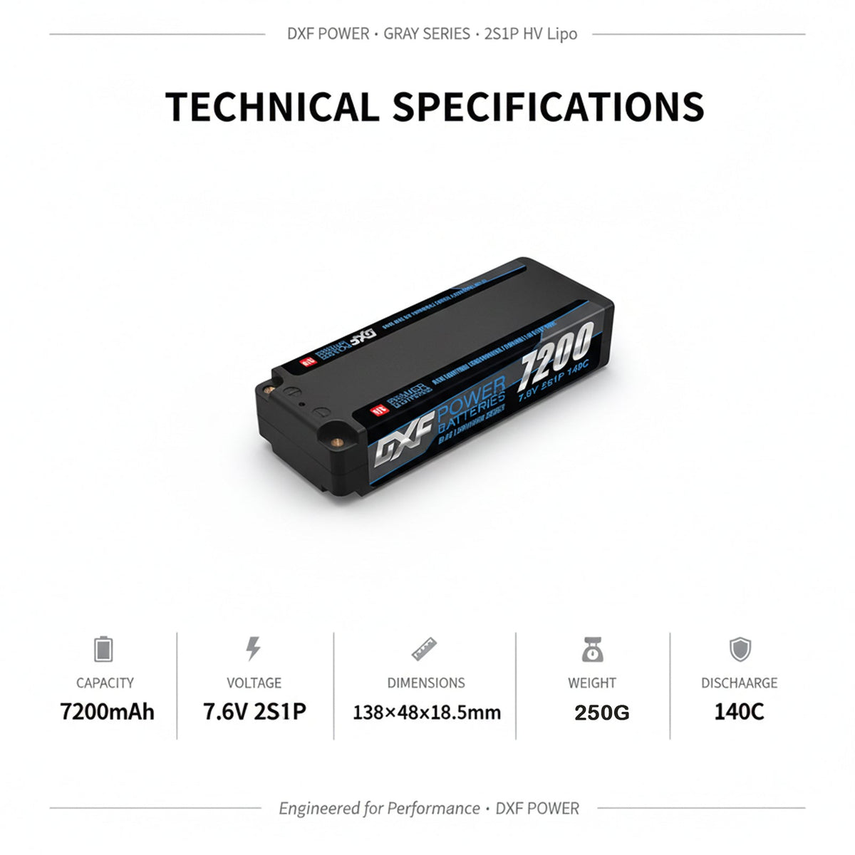 DXF 2S 7.6V LiPo Battery 140C 7200mAh LCG Hardcase with 5mm Bullet to Deans Plug for RC 1/8 1/10 Vehicles Car Truck Truggy Competition Racing (1-6 Pack)