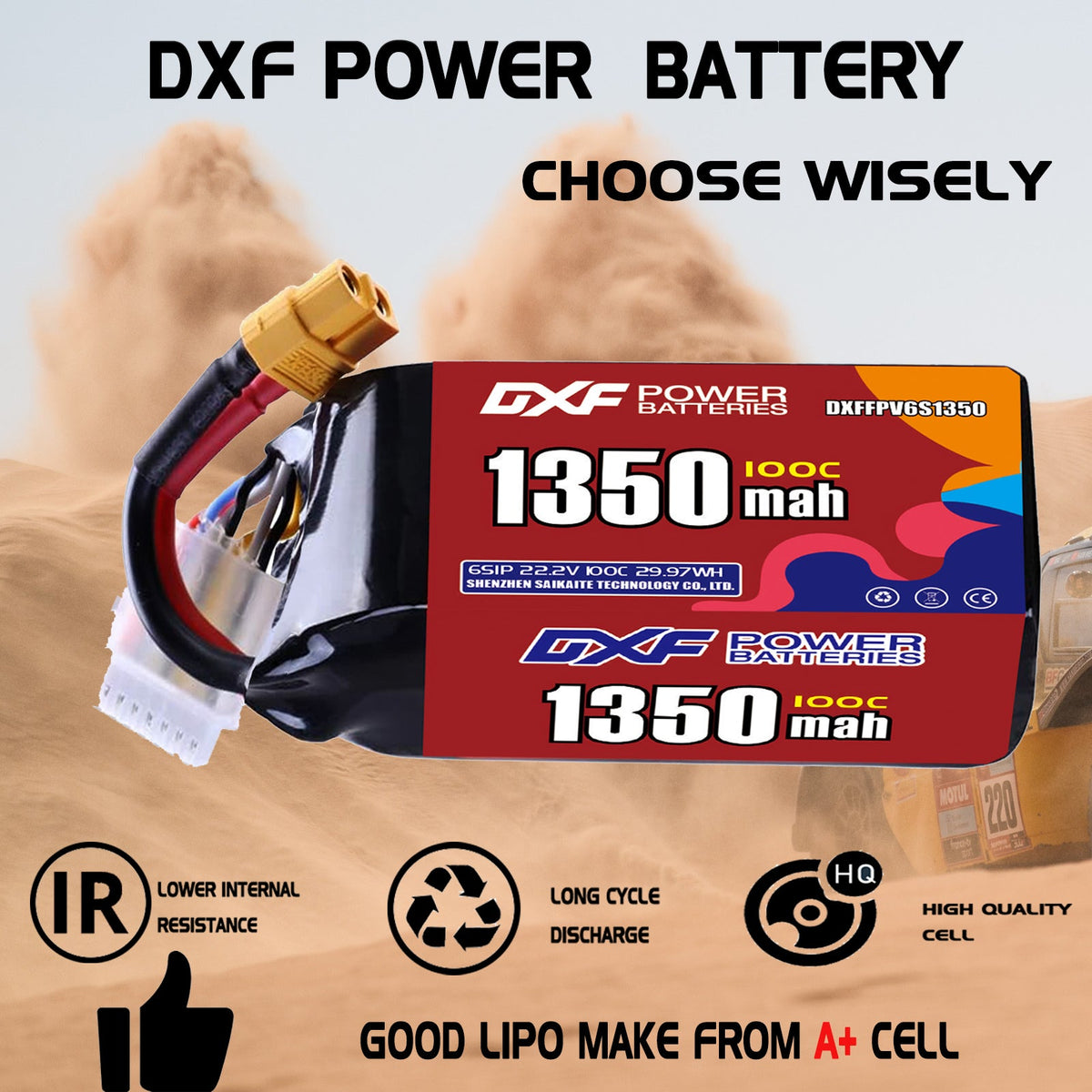 DXF 6S 22.2V 1350mAh 100C LiPo Battery for FPV Micro Drones (PH2.0 / JST / XT30 / SM / XT60 / EC5 / XT90 Options)