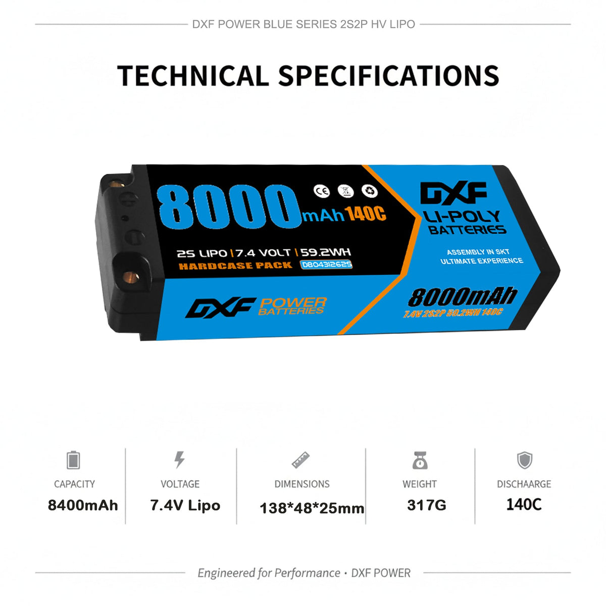 DXF 2S 7.4V 8000mAh 140C Blue Label Graphene LiPo Hardcase Battery with 12AWG 5mm Bullet to Deans Plug for 1/8 1/10 RC Car Truck Boat Drone (1-6 Pack Available)