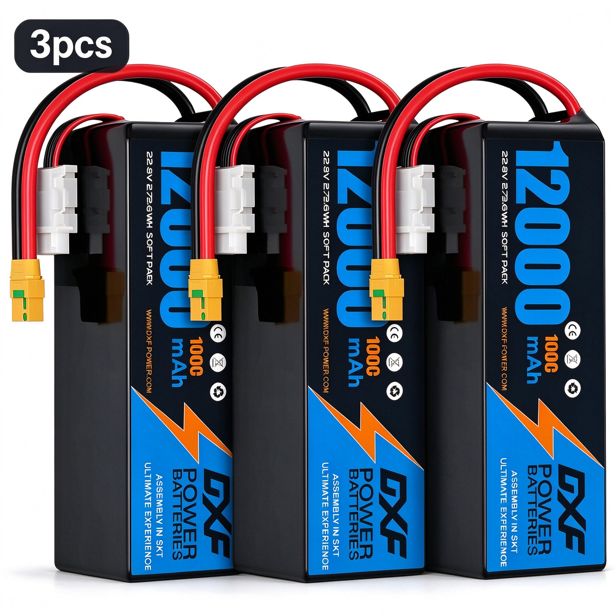 DXF 6S 22.8V 12000mAh 100C Soft Case LiPo Battery with 8AWG Wire for Toy Cars, Boats, UAVs & Drones (1-6 Pack)