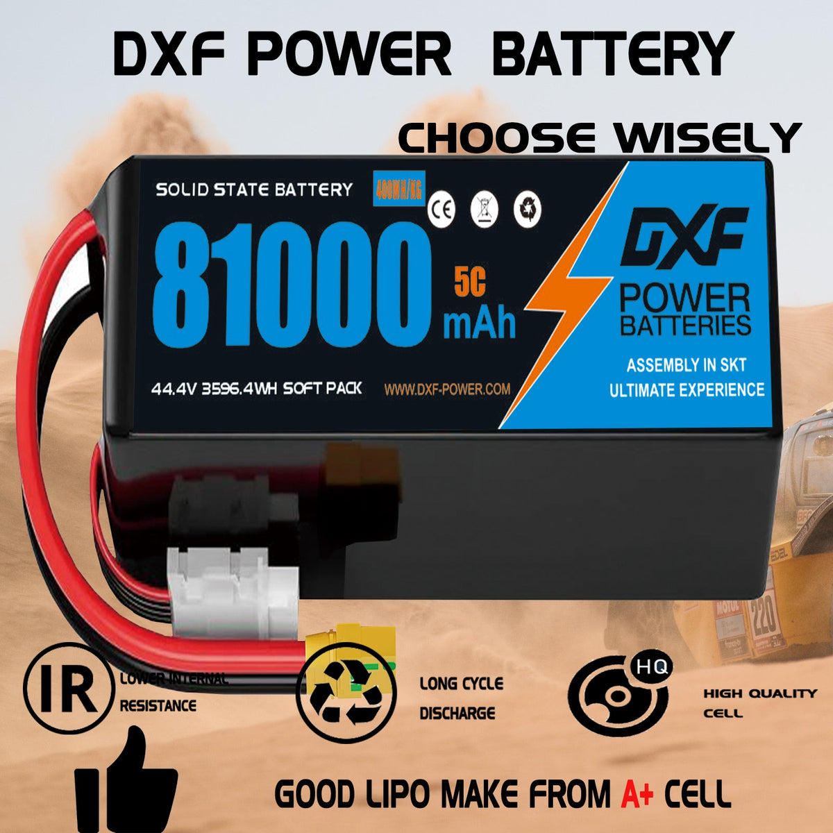 DXF 12S 44.4V 81000mAh 5C Soft Case LiPo Battery with 8AWG Wire for Toy Cars, Boats, UAVs & Drones (1-6 Pack)