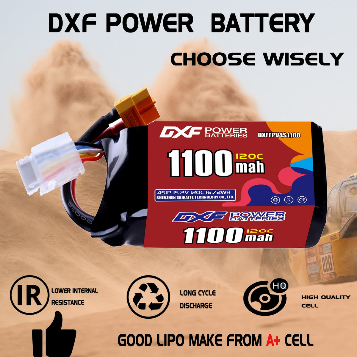 DXF 4S 15.2V 1100mAh 120C LiPo Battery for FPV Micro Drones (PH2.0 / JST / XT30 / SM / XT60 / EC5 / XT90 Options)