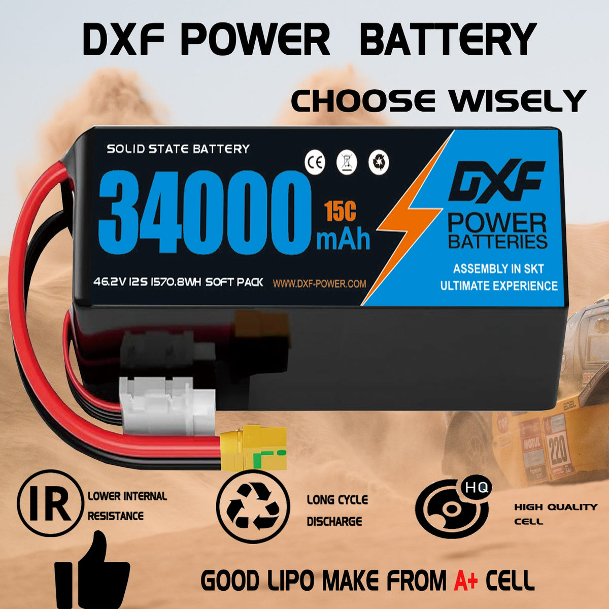 DXF SEMI-SOLID 12S 46.2V 34000mAh 15C Soft Case LiPo Battery with 8AWG Wire for Toy Cars, Boats, UAVs & Drones (1-6 Pack)
