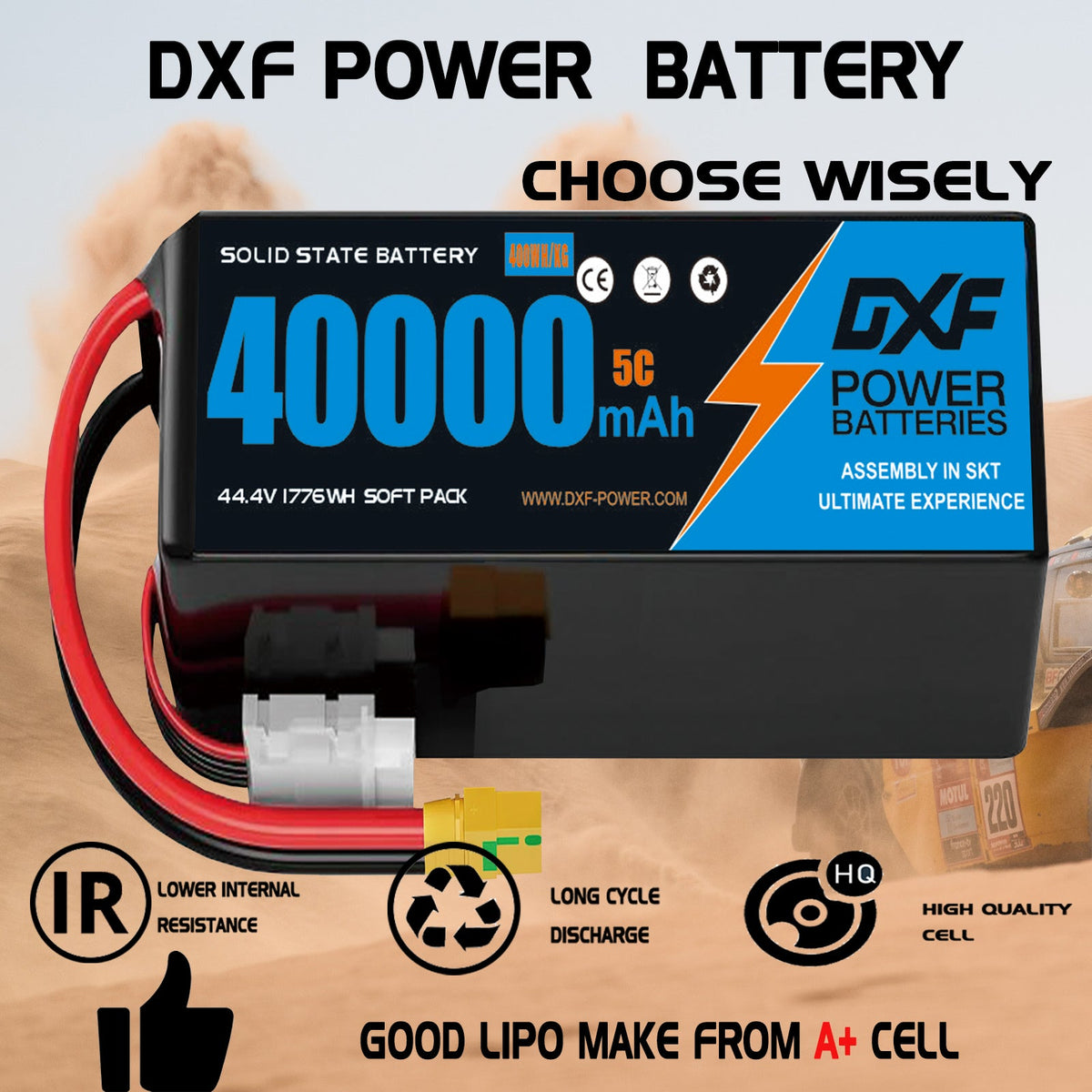 DXF SEMI-SOLID 12S 44.4V 40000mAh 5C Soft Case LiPo Battery with 8AWG Wire for Toy Cars, Boats, UAVs & Drones (1-6 Pack)