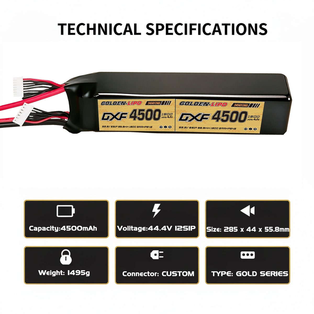 DXF Lipo Battery 12S 44.4V 4500mAh 150C GoldSeries Graphene Softcase with EC5 / T / TRX / XT60 / XT90 / XT150 / Q8s Plug for RC 1/8 1/10 Buggy Truck Car Off-Road Drone