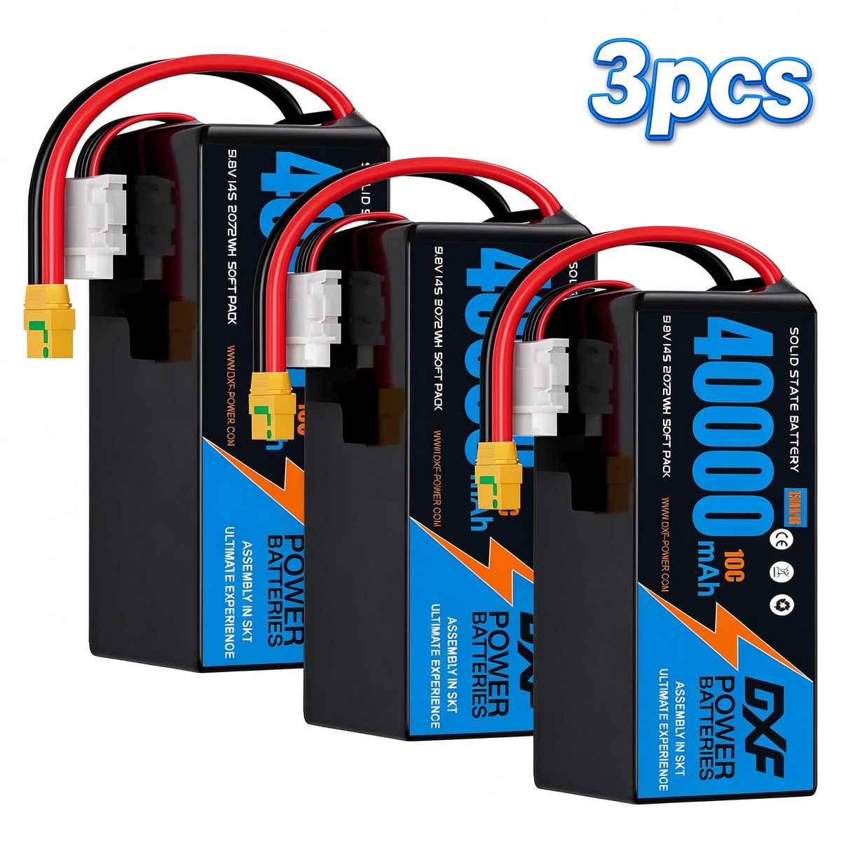 DXF SEMI-SOLID 14S 51.8V 40000mAh 10C Soft Case LiPo Battery with 8AWG Wire for Toy Cars, Boats, UAVs & Drones (1-6 Pack)