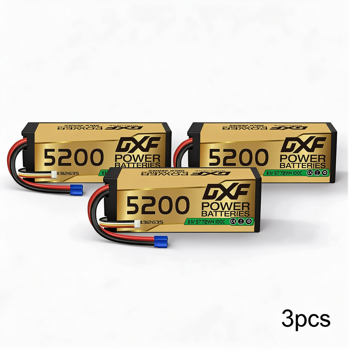 DXF GOLD Series 3S 11.1V 5200mAh 100C Graphene Hardcase LiPo Battery with EC5 Plug for 1/8 1/10 RC Car Truck (1-6 Pack)