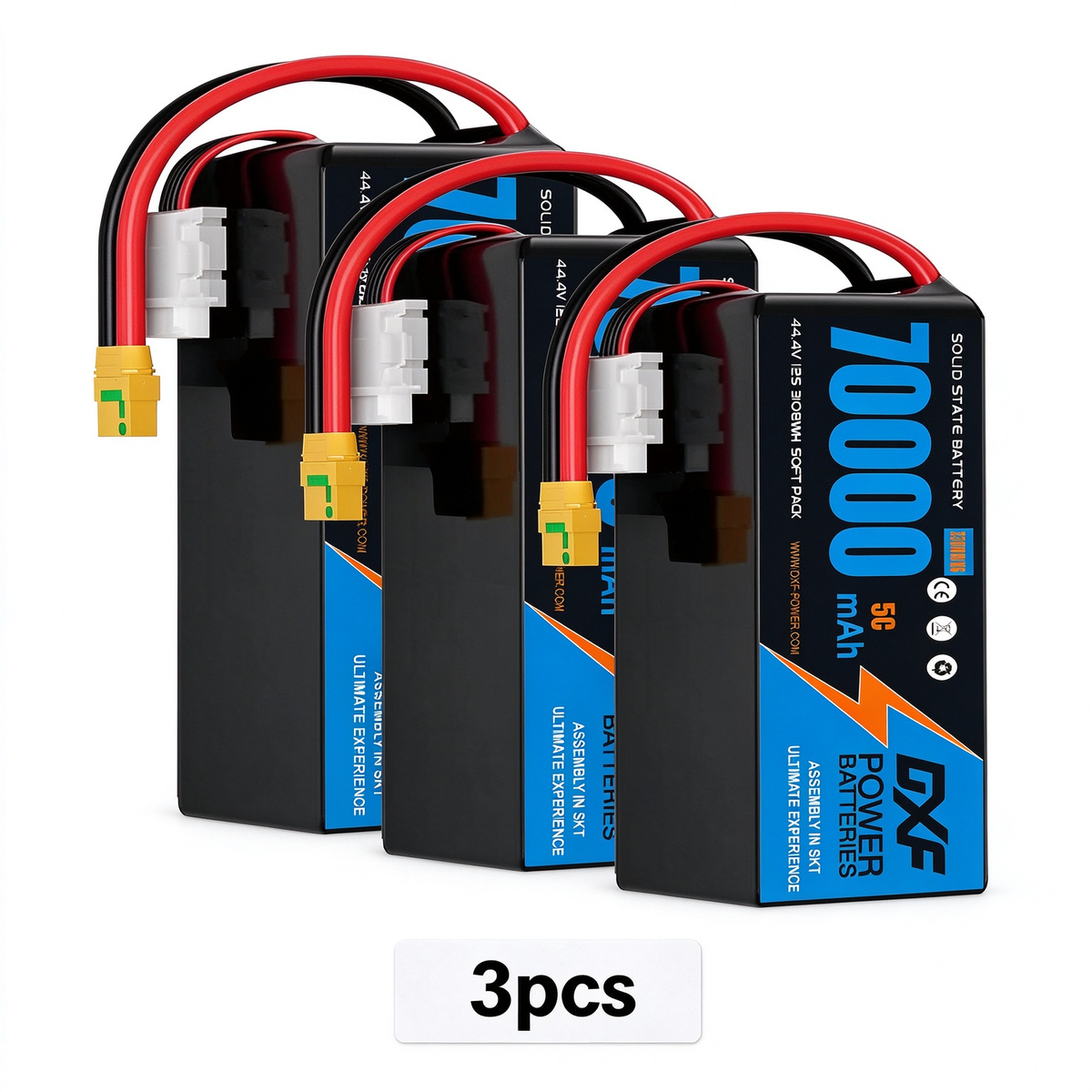DXF SEMI-SOLID 12S 44.4V 70000mAh 5C Soft Case LiPo Battery with 8AWG Wire for UAVs & Drones (1-6 Pack)