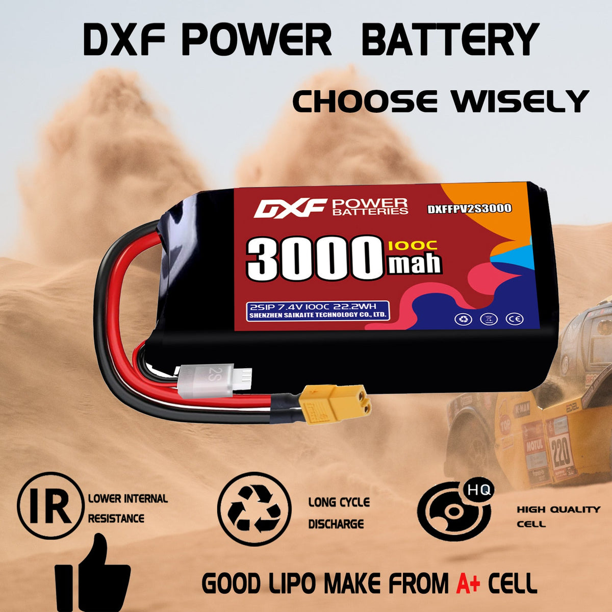 DXF 2S 7.4V 3000mAh 100C LiPo Battery for FPV Micro Drones (PH2.0 / JST / XT30 / SM / XT60 / EC5 / XT90 Options)