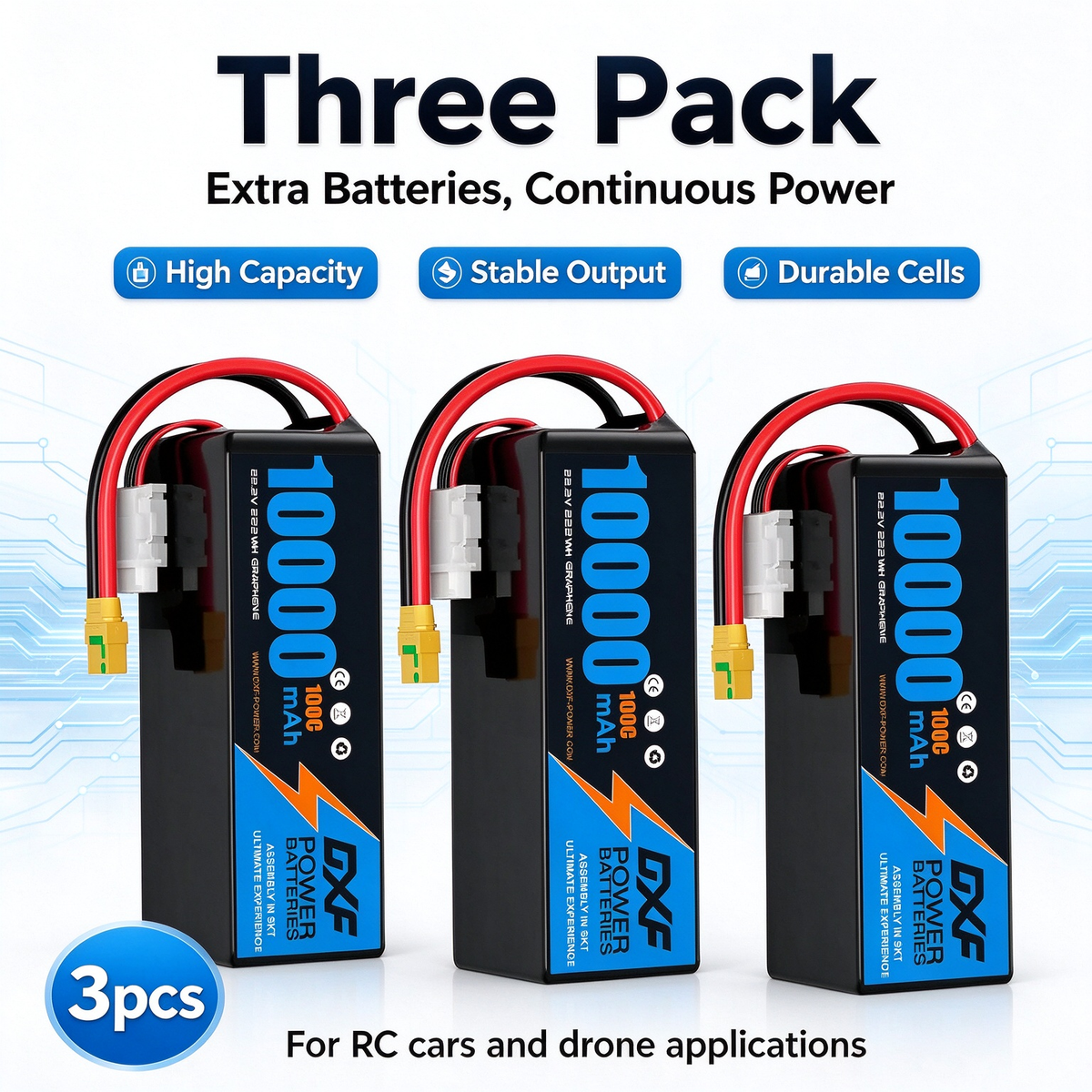 DXF 6S 22.2V 10000mAh 100C Soft Case LiPo Battery with 10AWG Wire for Toy Cars, Boats, UAVs & Drones (1-6 Pack)