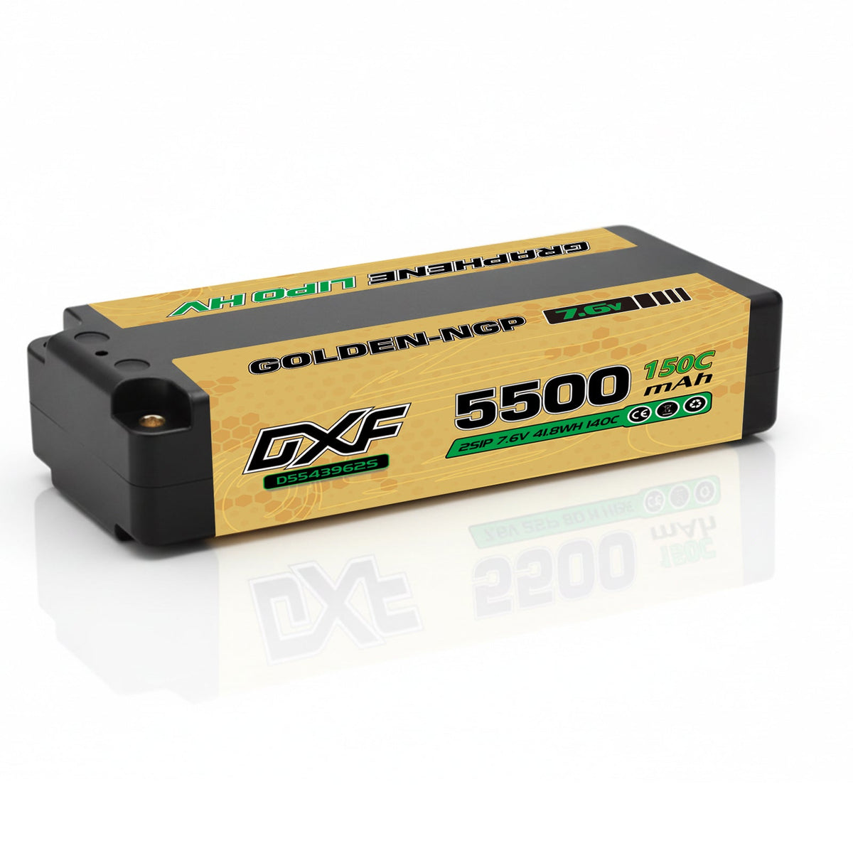DXF 2S Shorty 7.6V 5500mAh 150C NGP PLUS Graphene Hardcase LiPo Battery with 5mm Bullet to Deans Plug for 1/10 RC Buggies, Touring Cars & Trucks (1-6 Pack Available)