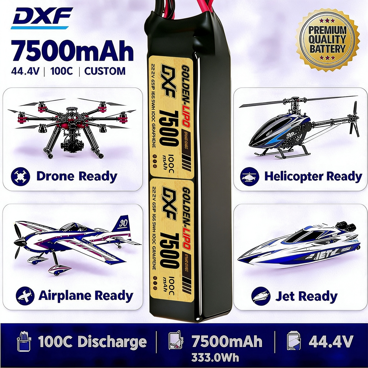 DXF Lipo Battery 12S 44.4V 7500mAh 100C GoldSeries Graphene Softcase with EC5 / T / TRX / XT60 / XT90 / XT150 / Q8s Plug for RC 1/8 1/10 Buggy Truck Car Off-Road Drone