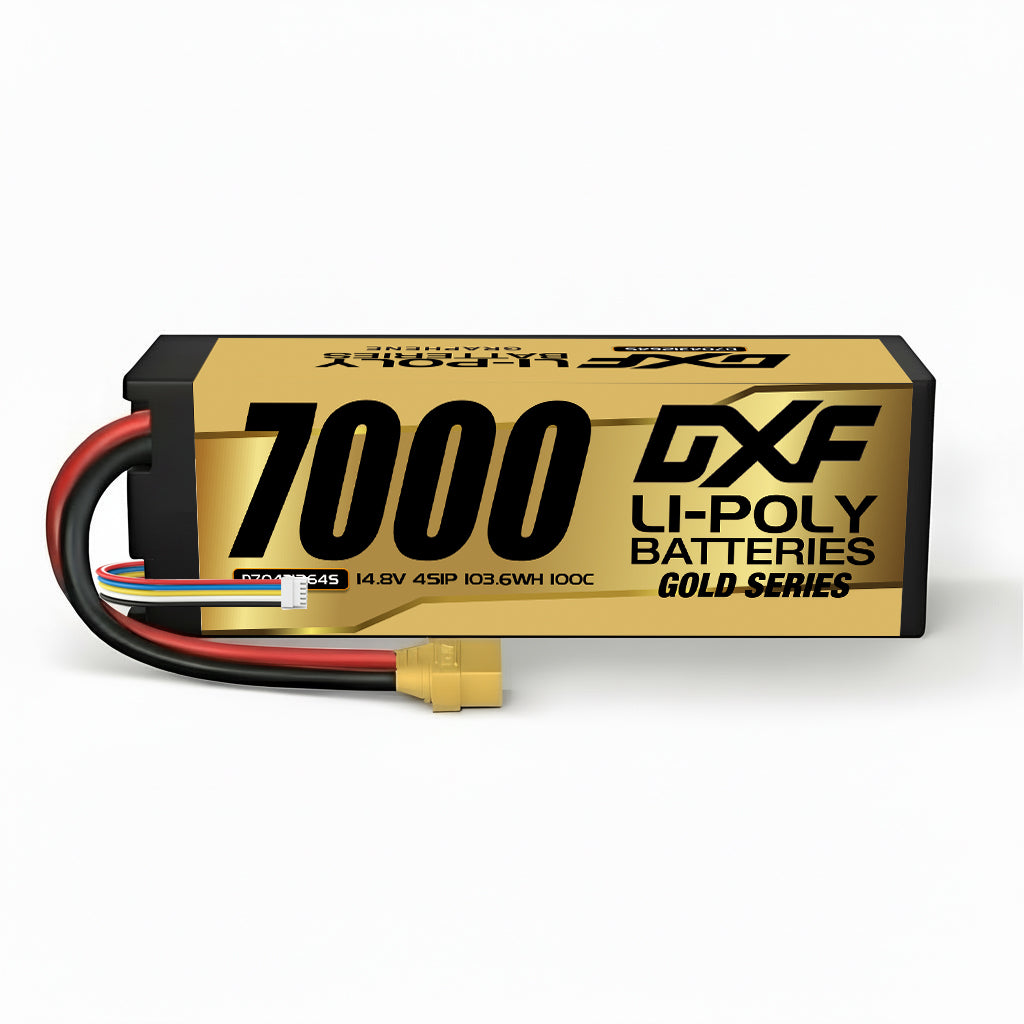 DXF 4S 14.8V 7000mAh 100C Hardcase LiPo Battery with 10AWG XT90 for 1/8 1/10 RC Cars, Trucks, Buggies (1/2 Pack Available)