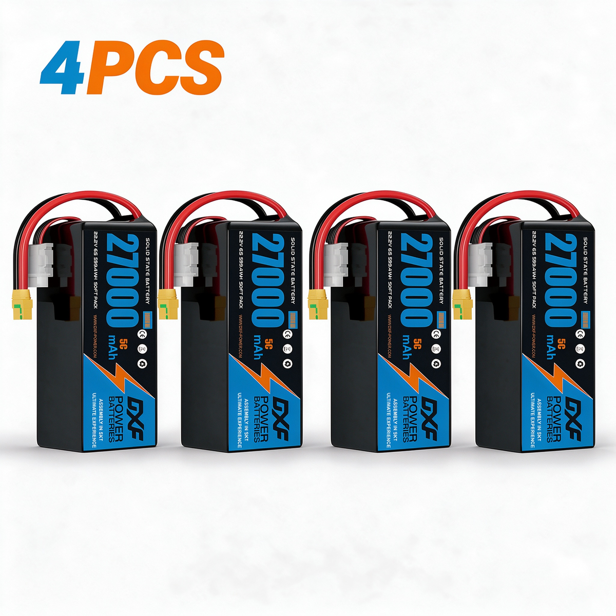 DXF 6S 22.2V 27000mAh 5C Soft Case LiPo Battery with 8AWG Wire for Toy Cars, Boats, UAVs & Drones (1-6 Pack)