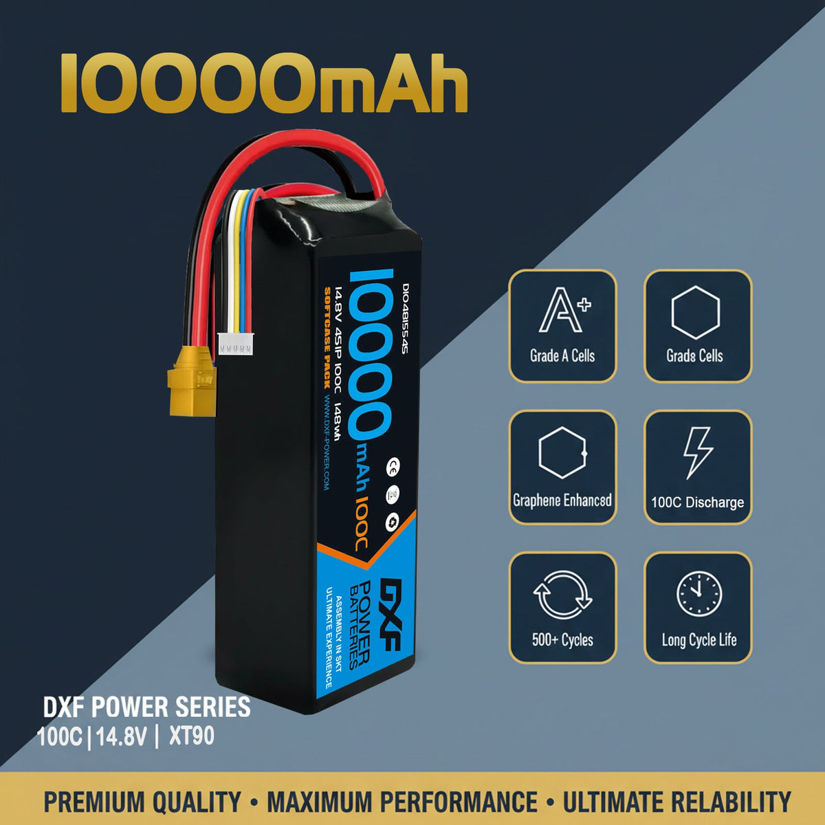 DXF 4S 14.8V 10000mAh 100C Graphene Softcase LiPo Battery with XT90 & 10AWG Wire (1-6 Pack)