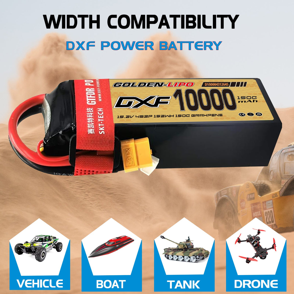 DXF Lipo Battery 4S HV 15.2V 10000mAh 150C GoldSeries Graphene Softcase with EC5 / T / TRX / XT60 / XT90 / XT150 / Q8s Plug for RC 1/8 1/10 Buggy Truck Car Off-Road Drone
