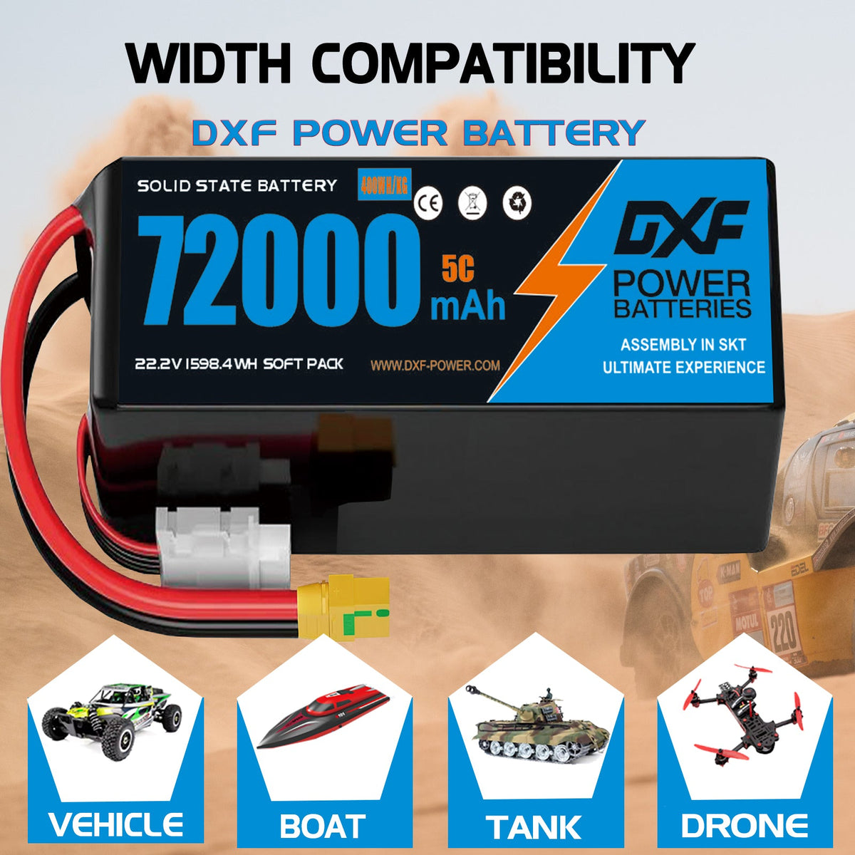 DXF 6S 22.2V 72000mAh 5C Soft Case LiPo Battery with 8AWG Wire for Toy Cars, Boats, UAVs & Drones (1-6 Pack)