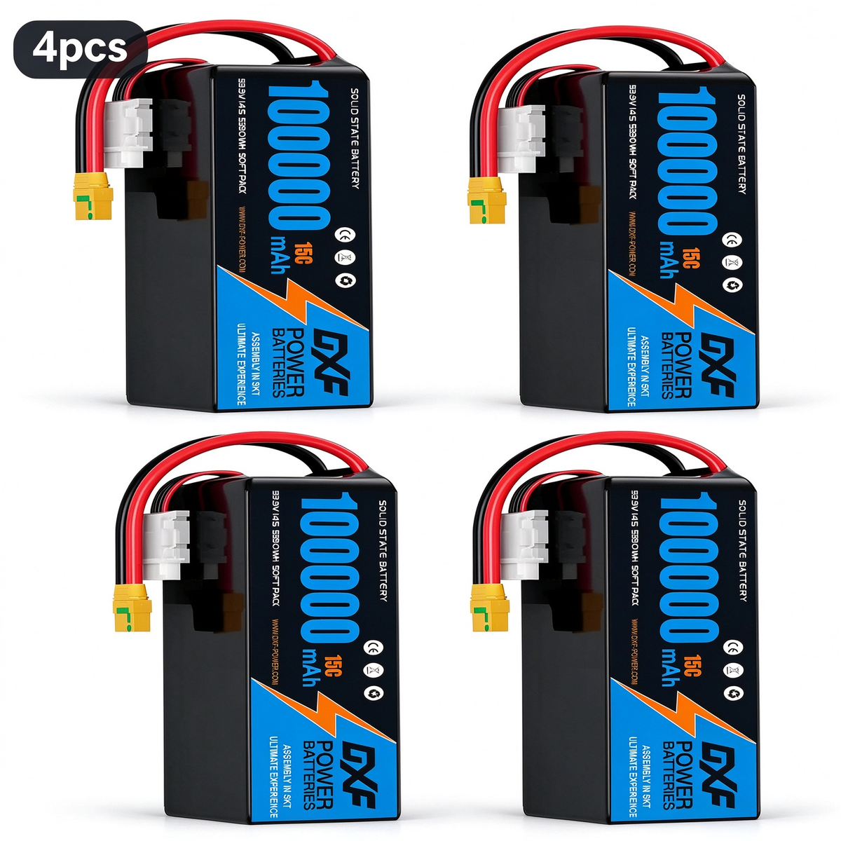 DXF SEMI-SOLID 14S 53.9V 100000mAh 15C Soft Case LiPo Battery with 8AWG Wire for Toy Cars, Boats, UAVs & Drones (1-6 Pack)