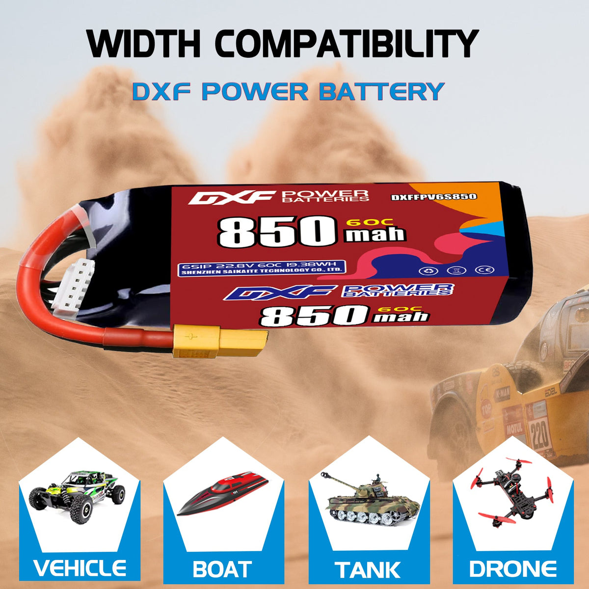 DXF LiPo Battery 6S HV 22.8V 850mAh 60C with PH2.0 / JST / XT30 / SM / XT60 / EC5 / XT90 for FPV Drone Whoop Micro Racing