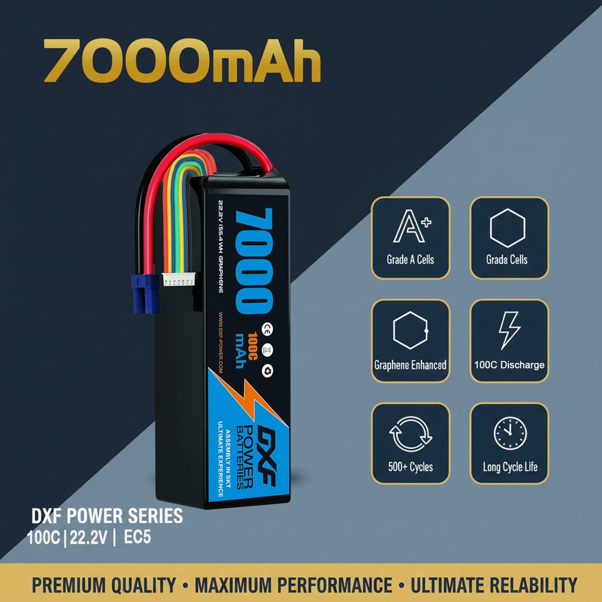 DXF 6S 22.2V 7000mAh 100C Softcase LiPo Battery with EC5 & 10AWG Wire for 1/8 RC Cars (1-6 Pack)