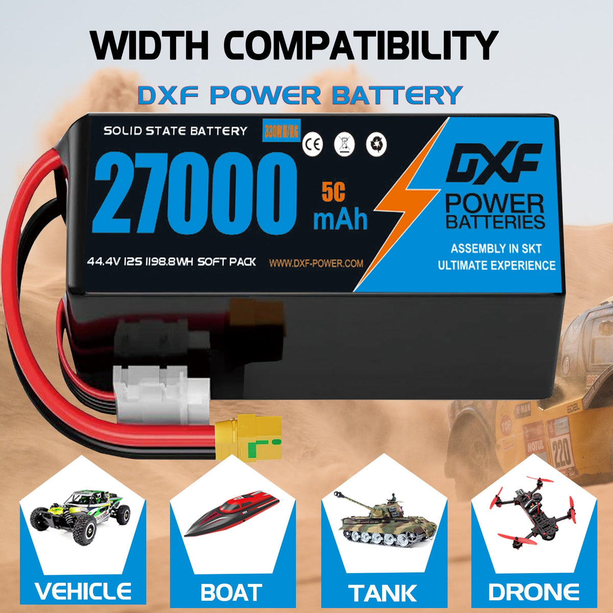 DXF SEMI-SOLID 12S 44.4V 27000mAh 5C Soft Case LiPo Battery with 8AWG Wire for UAVs & Drones (1-6 Pack)