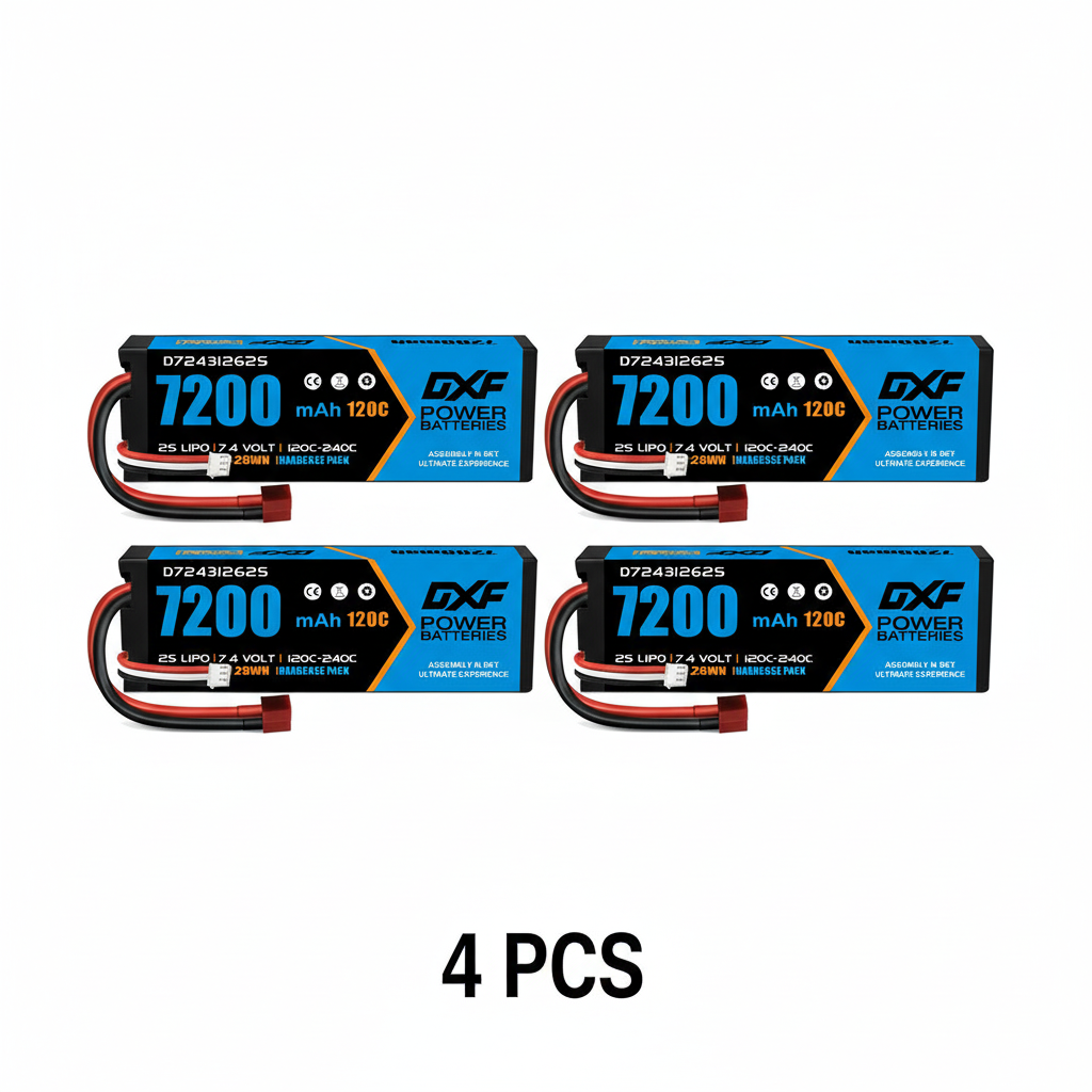 DXF 2S 7.4V 7200mAh 120C Hardcase LiPo Battery with 10AWG Deans for 1/10 1/8 RC Cars, Trucks, Buggies (2 & 4 Pack Available)