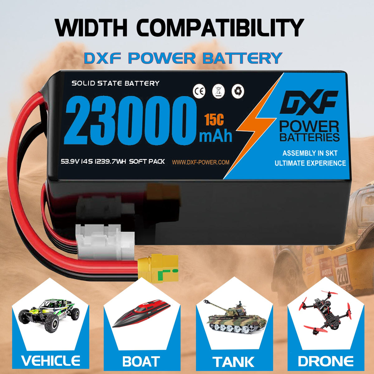 DXF SEMI-SOLID 14S 53.9V 23000mAh 15C Soft Case LiPo Battery with 8AWG Wire for Toy Cars, Boats, UAVs & Drones (1-6 Pack)