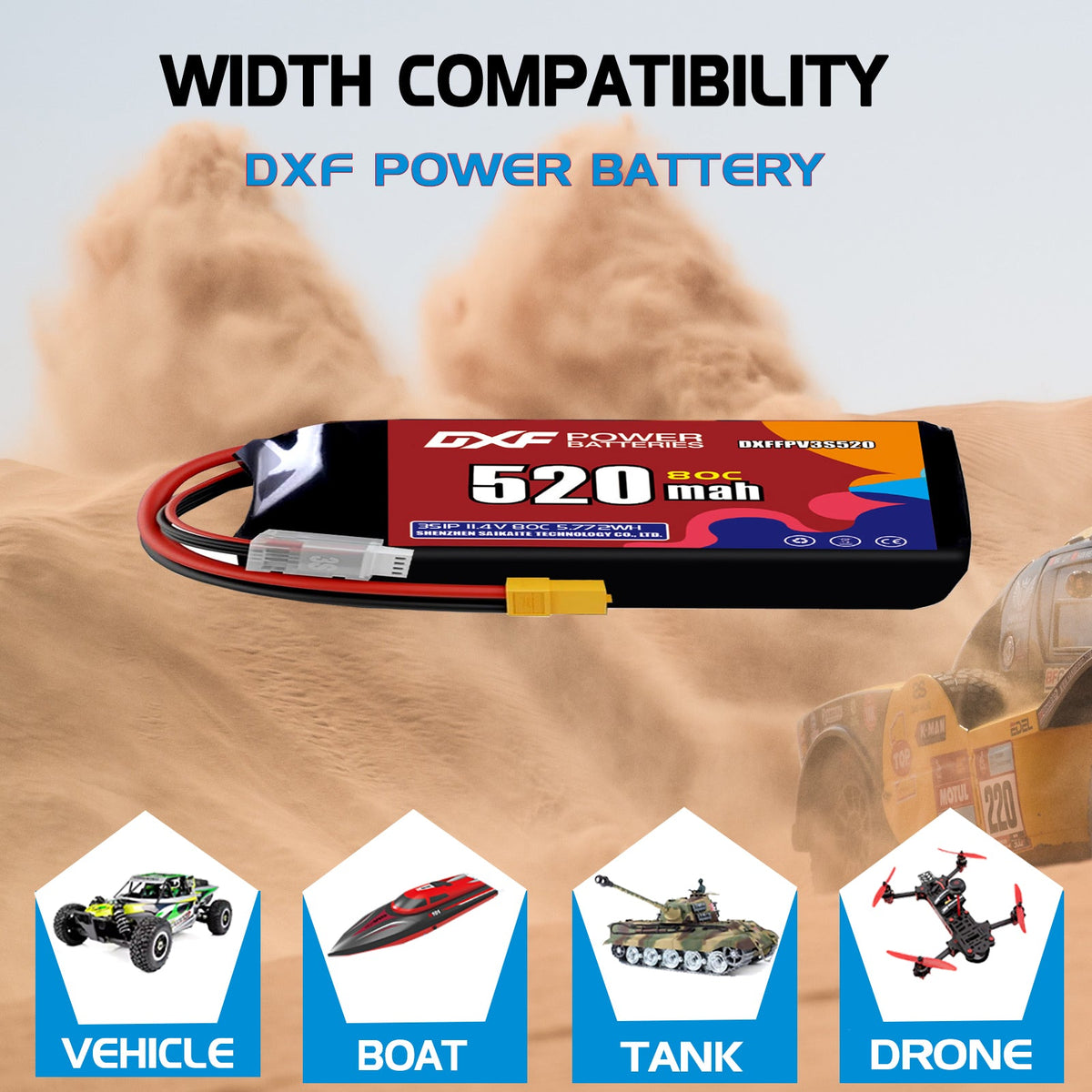 DXF LiPo Battery 3S HV 11.4V 520mAh 80C with PH2.0 / JST / XT30 / SM / XT60 / EC5 / XT90 for FPV Drone Whoop Micro Racing