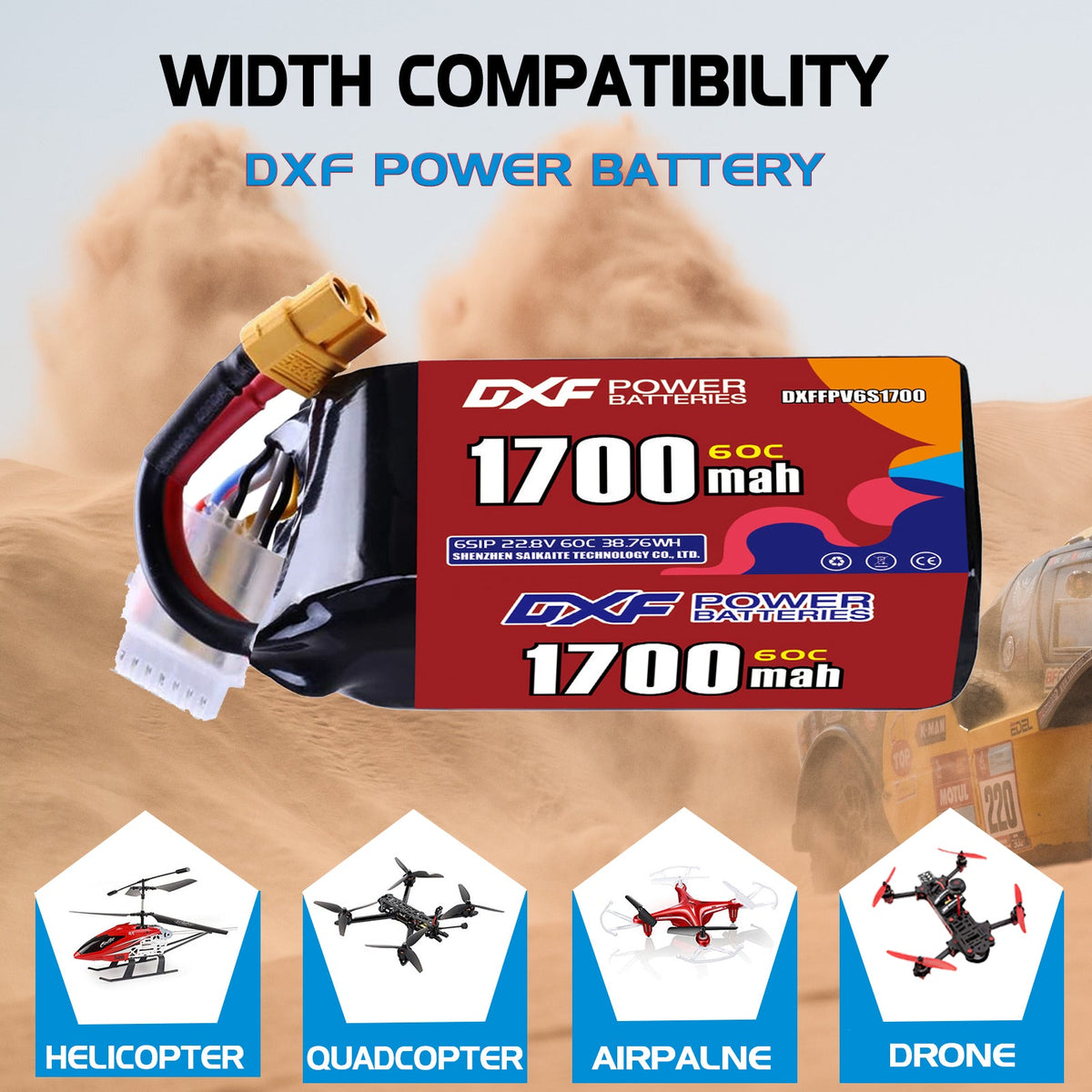 DXF LiPo Battery 6S HV 22.8V 1700mAh 60C with PH2.0 / JST / XT30 / SM / XT60 / EC5 / XT90 for FPV Drone Whoop Micro Racing