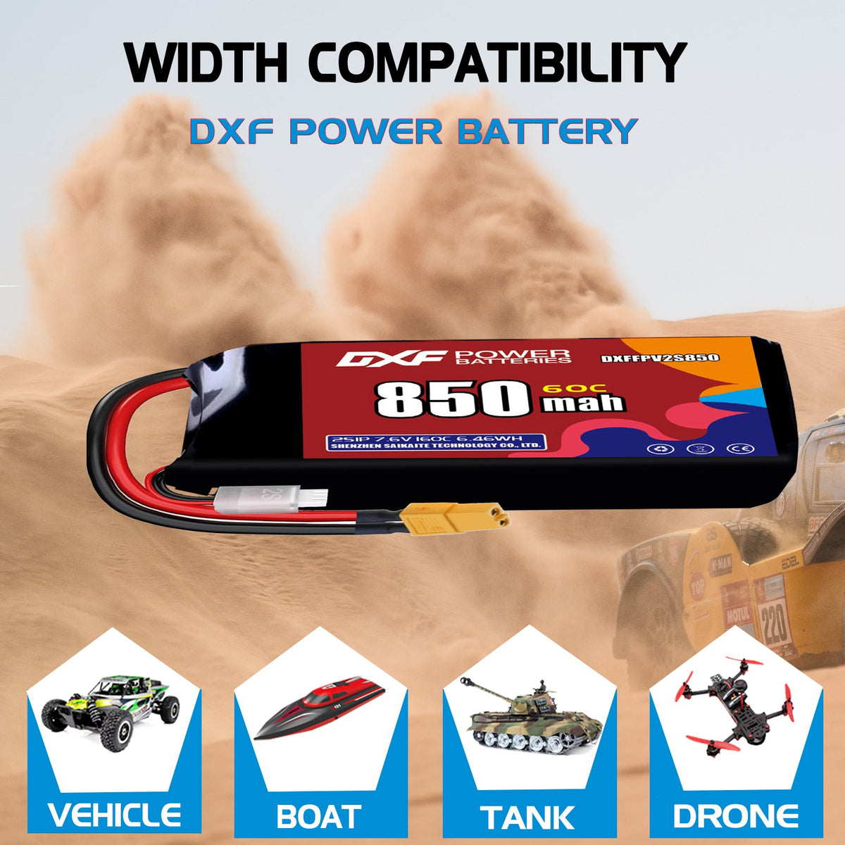 DXF LiPo Battery 2S HV 7.6V 850mAh 60C with PH2.0 / JST / XT30 / SM / XT60 / EC5 / XT90 for FPV Drone Whoop Micro Racing