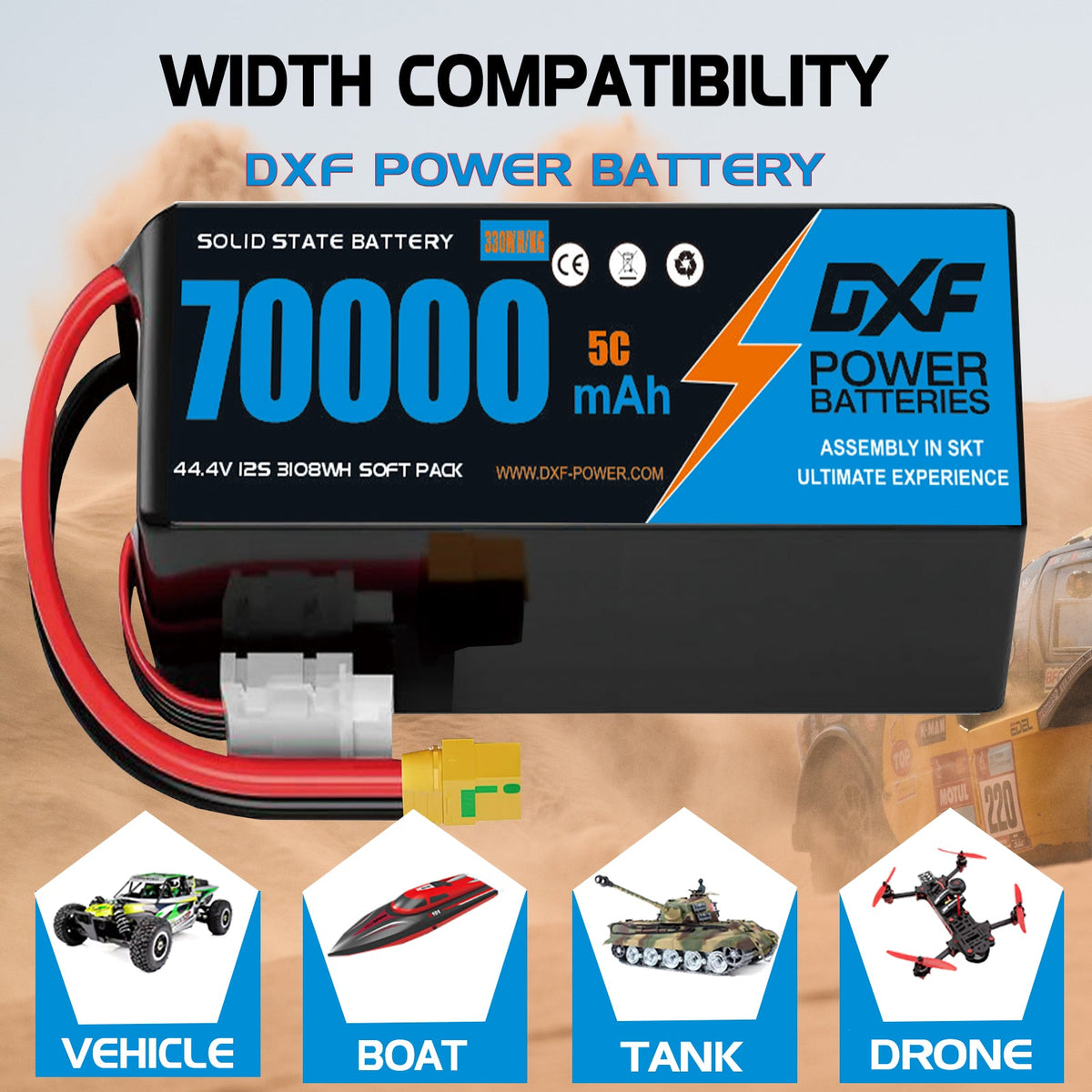 DXF SEMI-SOLID 12S 44.4V 70000mAh 5C Soft Case LiPo Battery with 8AWG Wire for UAVs & Drones (1-6 Pack)