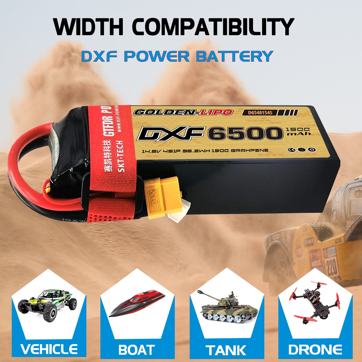 DXF Lipo Battery 4S 14.8V 6500mAh 150C Graphene Softcase with EC5 / T / TRX / XT60 / XT90 / XT150 / Q8s Plug for RC 1/8 1/10 Buggy Truck Car Off-Road Drone