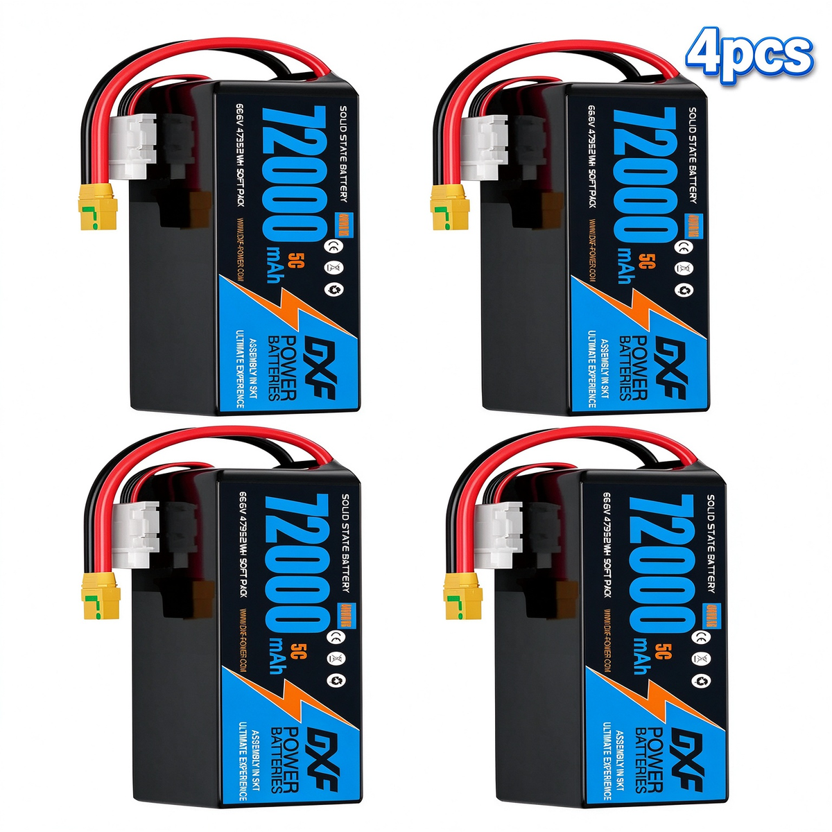 DXF SEMI-SOLID 18S 66.6V 72000mAh 5C Soft Case LiPo Battery with 8AWG Wire for Toy Cars, Boats, UAVs & Drones (1-6 Pack)