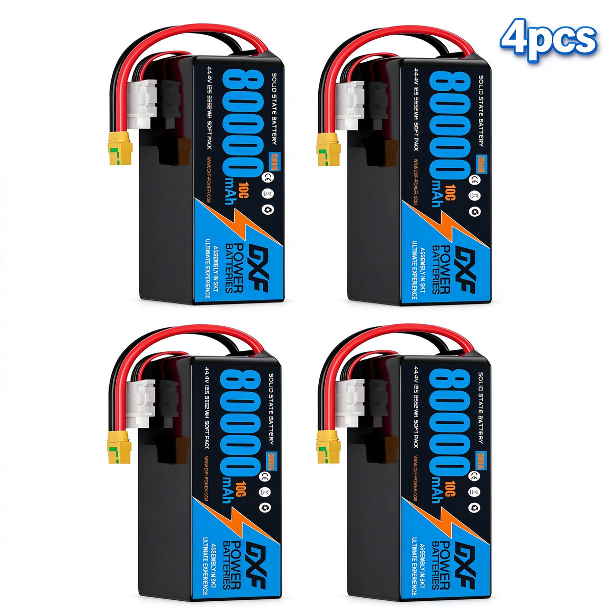 DXF SEMI-SOLID 12S 44.4V 80000mAh 10C Soft Case LiPo Battery with 8AWG Wire for Toy Cars, Boats, UAVs & Drones (1-6 Pack)