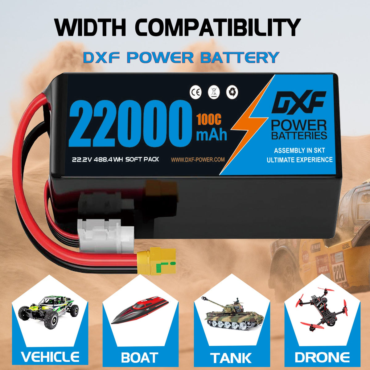 DXF 6S 22.2V 22000mAh 100C Soft Case LiPo Battery with 10AWG Wire for Toy Cars, Boats, UAVs & Drones (1-6 Pack)