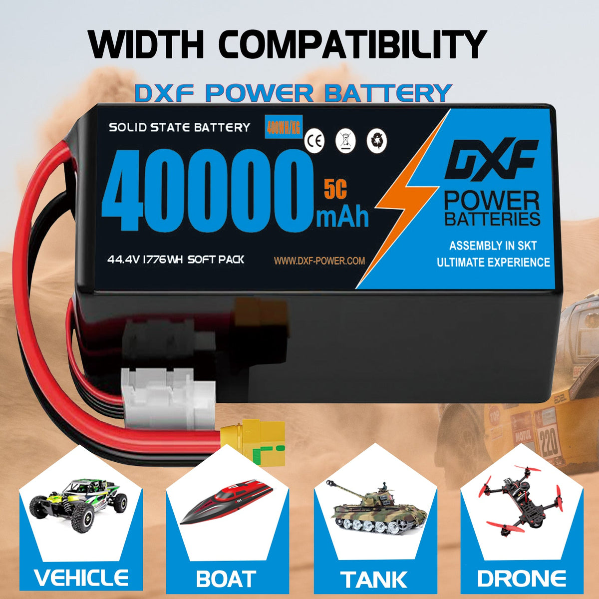 DXF SEMI-SOLID 12S 44.4V 40000mAh 5C Soft Case LiPo Battery with 8AWG Wire for Toy Cars, Boats, UAVs & Drones (1-6 Pack)