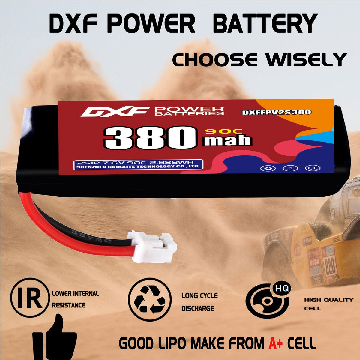 DXF 2S 7.6V 380mAh 90C LiPo Battery for FPV Micro Drones (PH2.0 / JST / XT30 / SM / XT60 / EC5 / XT90 Options)