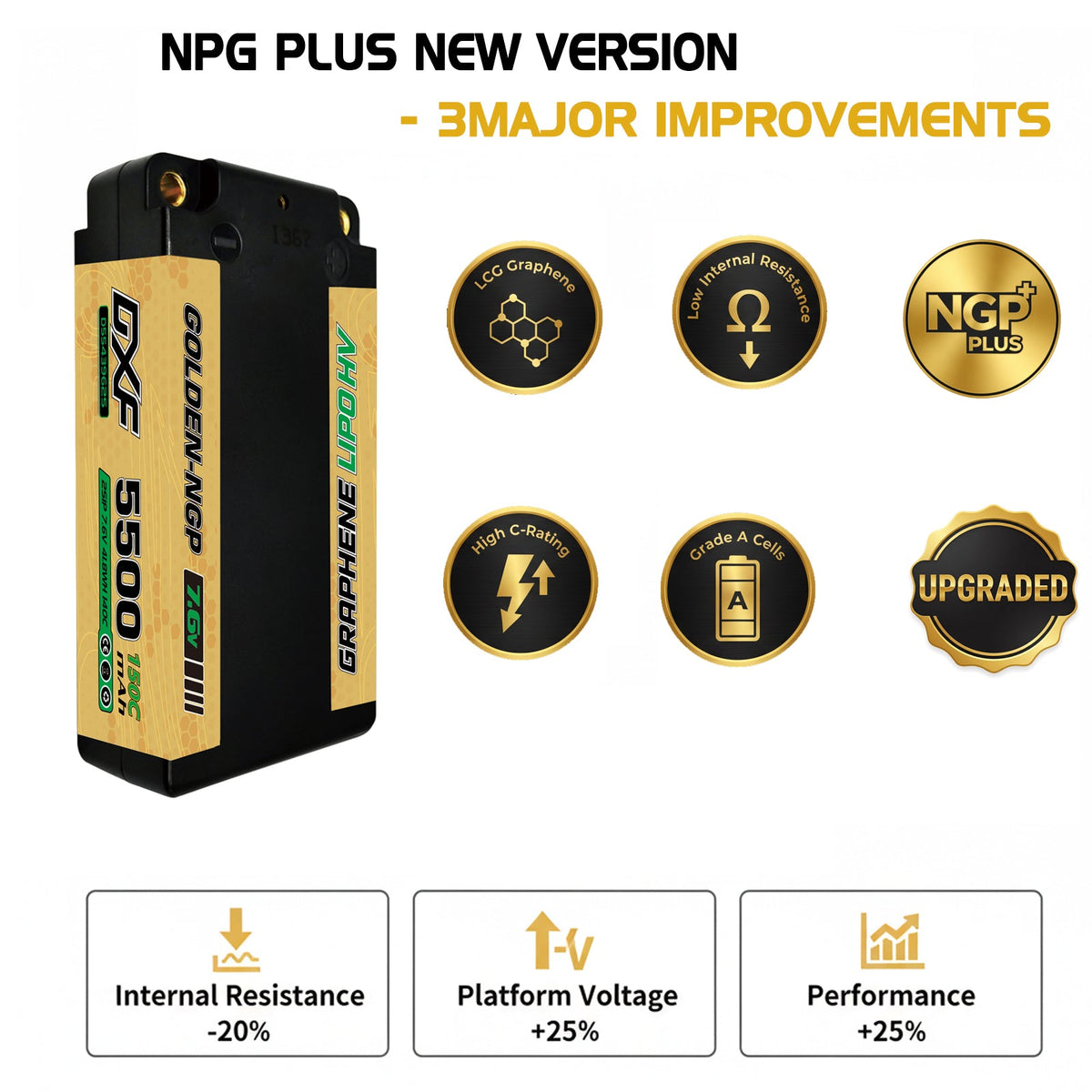 DXF 2S Shorty 7.6V 5500mAh 150C NGP PLUS Graphene Hardcase LiPo Battery with 5mm Bullet to Deans Plug for 1/10 RC Buggies, Touring Cars & Trucks (1-6 Pack Available)