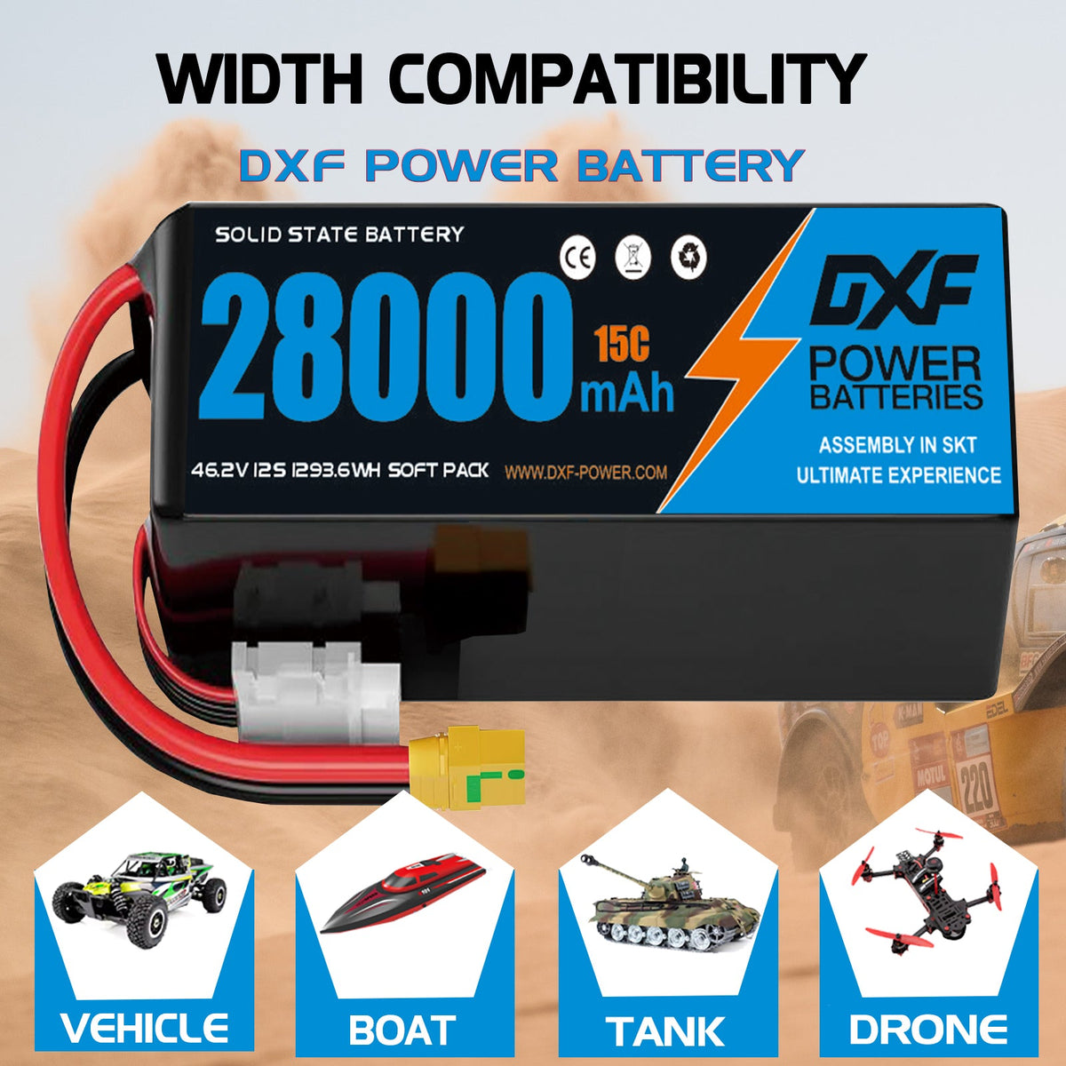 DXF SEMI-SOLID 12S 46.2V 28000mAh 15C Soft Case LiPo Battery with 8AWG Wire for Toy Cars, Boats, UAVs & Drones (1-6 Pack)