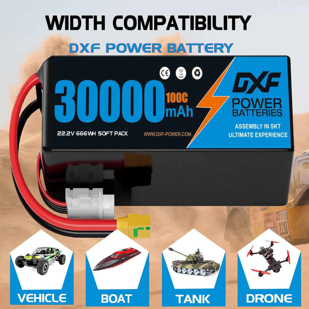 DXF 6S 22.2V 30000mAh 100C Soft Case LiPo Battery with 8AWG Wire for Toy Cars, Boats, UAVs & Drones (1-6 Pack)