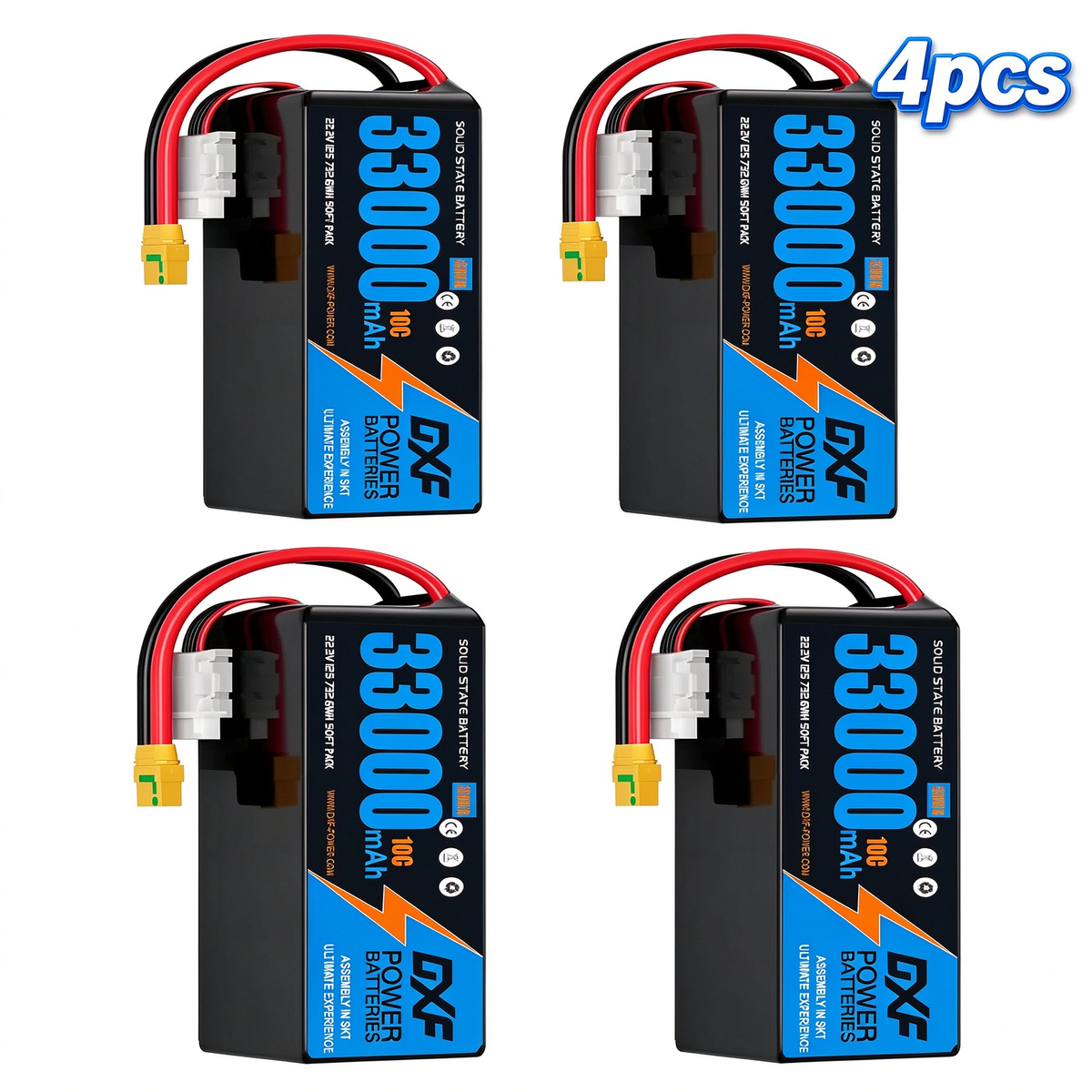 DXF 6S 22.2V 33000mAh 10C Soft Case LiPo Battery with 8AWG Wire for Toy Cars, Boats, UAVs & Drones (1-6 Pack)