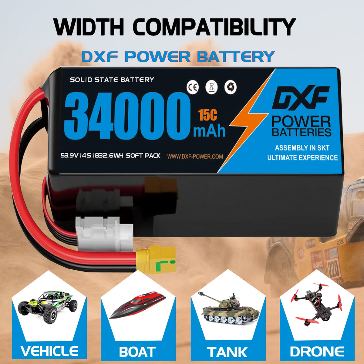 DXF SEMI-SOLID 14S 53.9V 34000mAh 15C Soft Case LiPo Battery with 8AWG Wire for Toy Cars, Boats, UAVs & Drones (1-6 Pack)