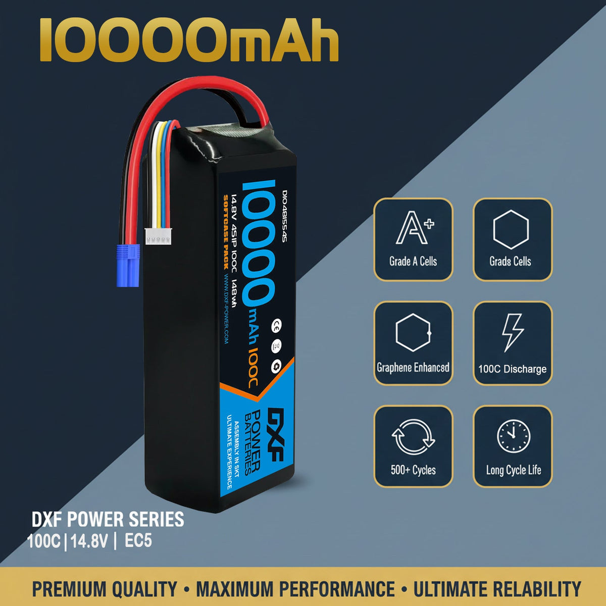 DXF 4S 14.8V 10000mAh 100C Graphene Softcase LiPo Battery with EC5 & 10AWG Wire (1-6 Pack)