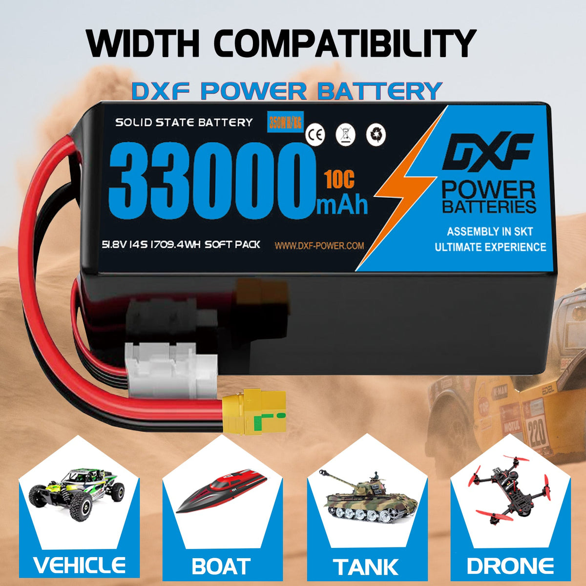 DXF SEMI-SOLID 14S 51.8V 33000mAh 10C Soft Case LiPo Battery with 8AWG Wire for Toy Cars, Boats, UAVs & Drones (1-6 Pack)