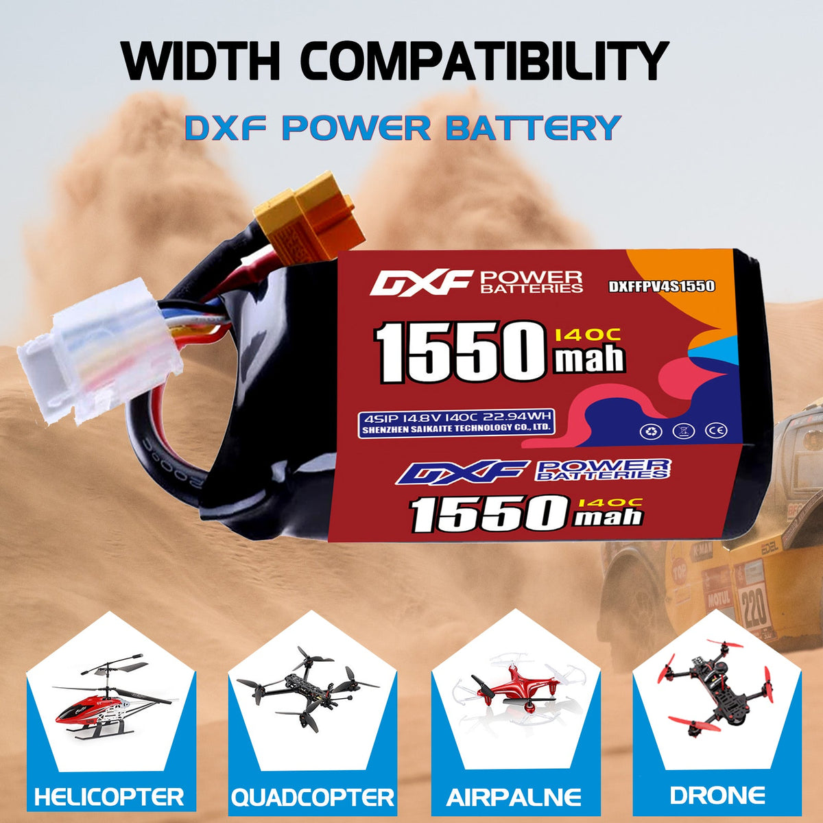 DXF 4S 14.8V 1550mAh 140C LiPo Battery for FPV Micro Drones (PH2.0 / JST / XT30 / SM / XT60 / EC5 / XT90 Options)