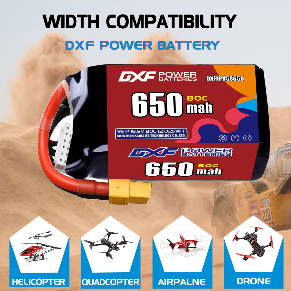DXF LiPo Battery 5S 18.5V 650mAh 80C with PH2.0 / JST / XT30 / SM / XT60 / EC5 / XT90 for FPV Drone Whoop Micro Racing