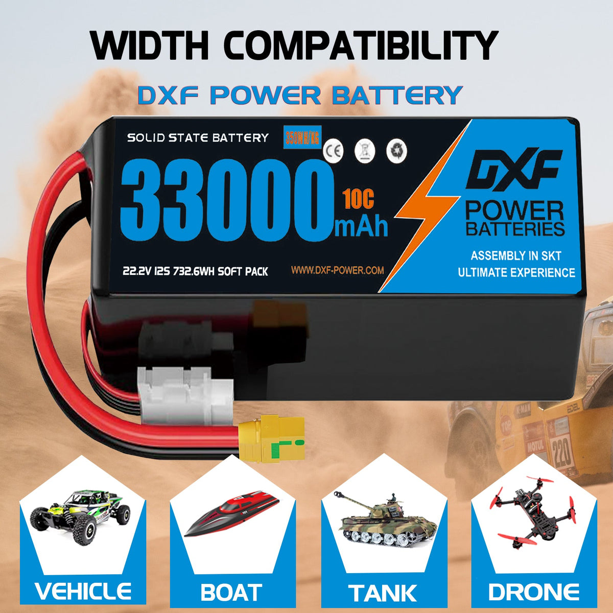 DXF 6S 22.2V 33000mAh 10C Soft Case LiPo Battery with 8AWG Wire for Toy Cars, Boats, UAVs & Drones (1-6 Pack)